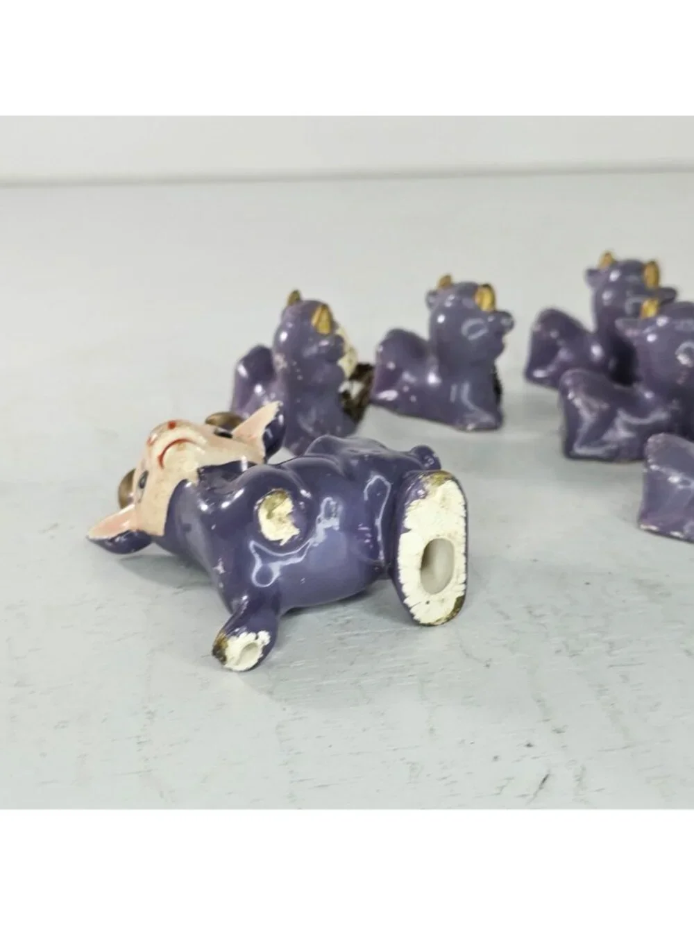 Miniature Purple Cow Calves Lot Vintage Japan 1950 Ceramic 7 Piece Lot Kitschy